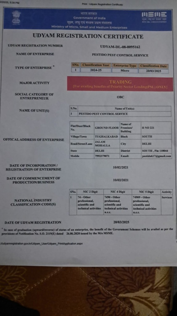 UDYAM MSME Certificate – Pestido Pest Control Service